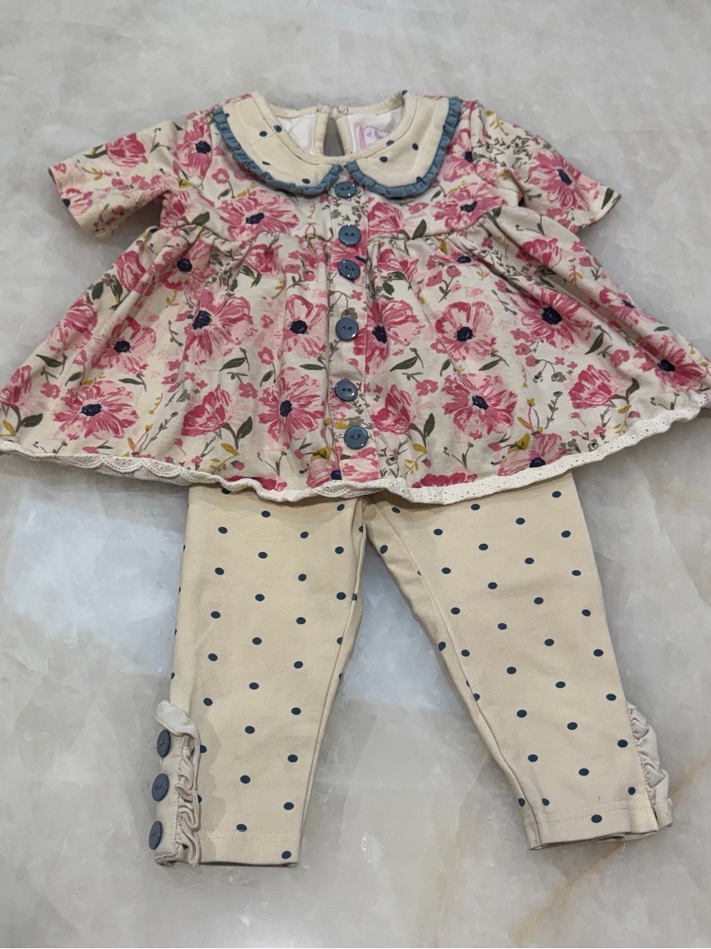 Sweet Honey Floral Button-Front Top & Polka Dot Leggings Set - Pink & Cream
